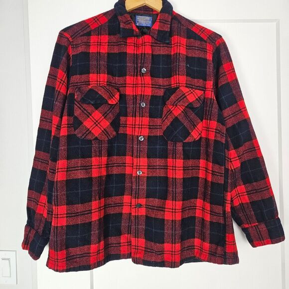 VTG 60s Pendleton Red Black Green Plaid Wool Loop Collar Shirt Made In U… - Picture 1 of 9